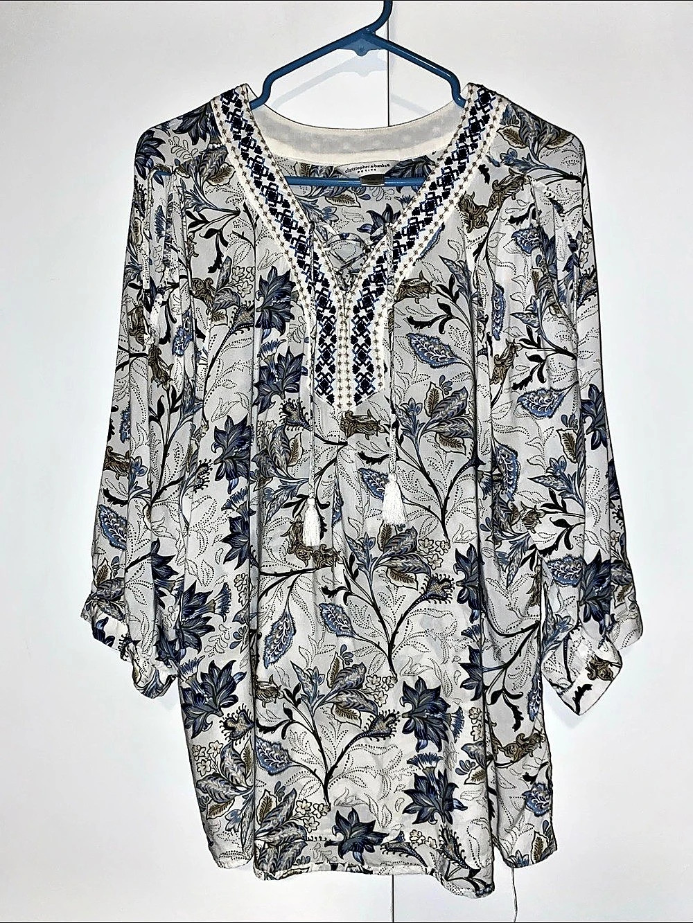 Christopher & Banks Floral Tunic Blouse in White & Blue Size LP
